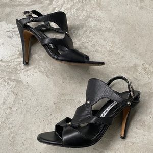 Manolo Blahnik Black Leather Silver Stud Sandals 37 Italy Heels
